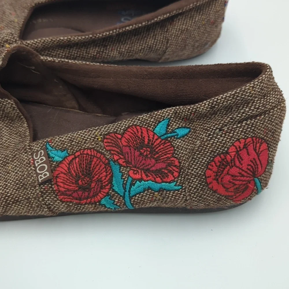 Skechers Bobs Women's Floral Embroidered Slip-On Shoes Flat Tweed 10 Brown Red